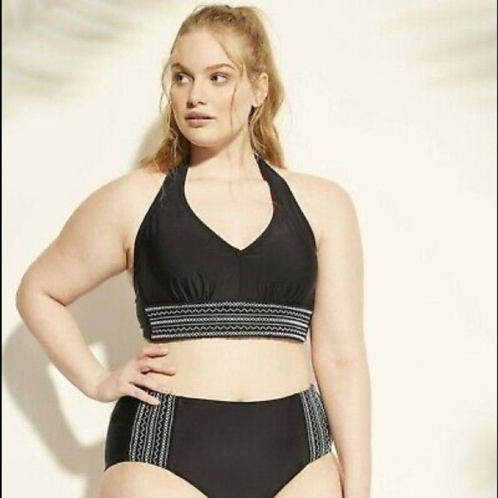 Kona sol black embroidered aztec chevron design halter bikini top & bottoms 24w